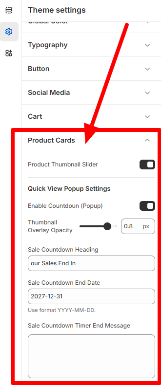 Product Card Settings Screenshot